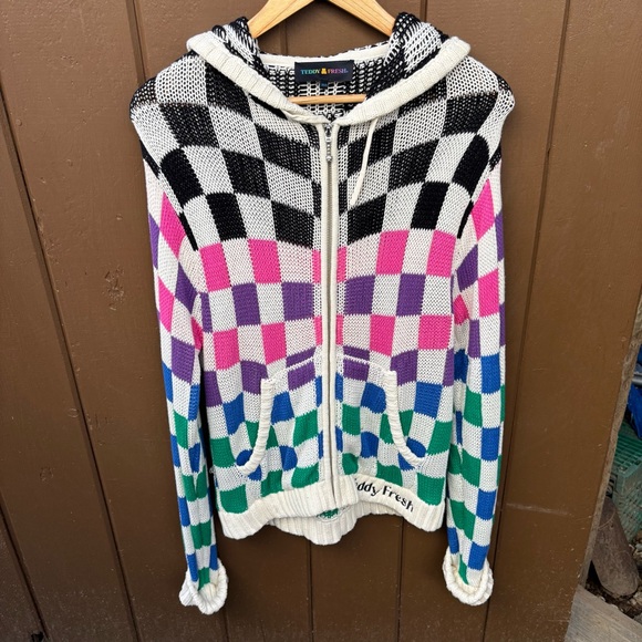 Teddy Fresh Sweaters - Teddy Fresh Full Zip Knit Hoodie Womens XS/S Checkered Multicolor Oversized